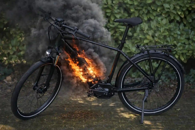 Brennendes Fahrrad vor Hecke